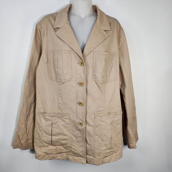Vtg Ralph Lauren Women Jacket Size 14 Tan Khaki Denim Jean Safari Pockets Button - Picture 1 of 9